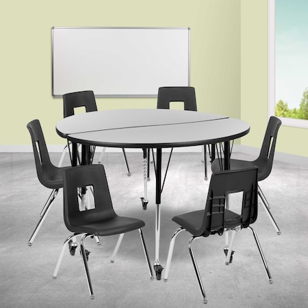 Flash Furniture Mobile 47.5" Circle Wave Grey Table Set-18" Chairs XU-GRP-18CH-A48-HCIRC-GY-T-A-CAS-GG